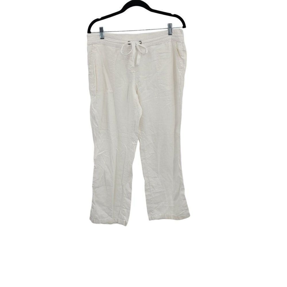Vtg Minimalist Coastal Mid Rise Wide‎ Leg Linen Pants Sz L White Gauze Pull On